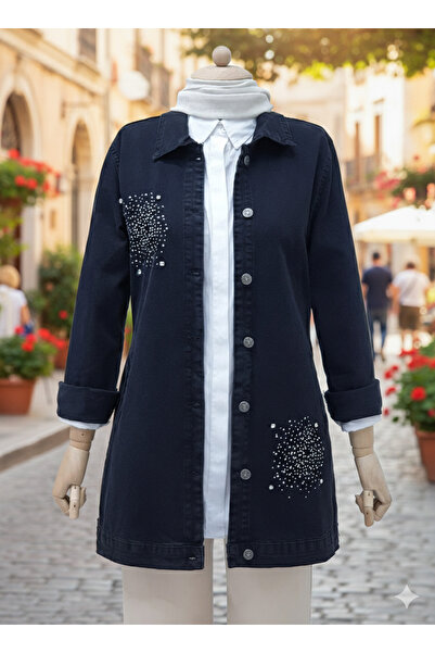 bellura Taş Detaylı Çift Cepli Kot Ceket