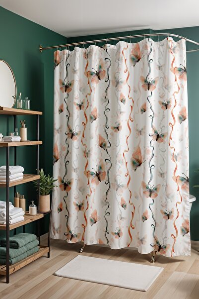 EVPANYA Perdeau de baie, perdea de duș cu model fluturi crem, perdea pentru c...