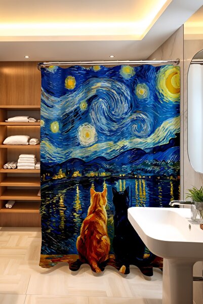 EVPANYA Bathroom Curtain, Cats in Starry Night Patterned Shower Curtain, Bath...
