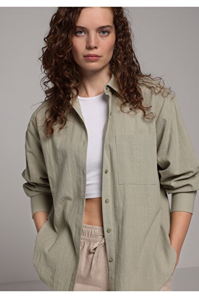 Colin's Boyfriend Fit Shirt Neck Plain Women's Green Long Sleeve Shirt