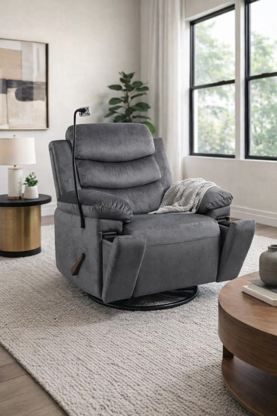 MARIA HOMES Premium Dark Grey Swivel Rocking Recliner Chair with Adjustable M...