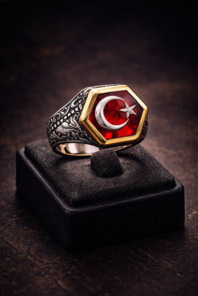 İyyaKee Erkek Gümüş Yüzük Ay Yıldız Türk Bayrağı İşlemeli Altıgen Motifli 925...