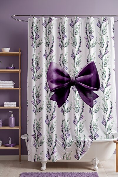 EVPANYA Perdeau de baie, perdea de duș cu model elegant cu fundă mov, perdea ...