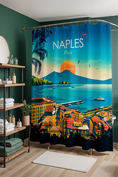 EVPANYA Perdeau de baie, perdea de duș cu model răsărit de soare Napoli, perd...