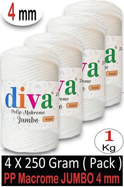 Diva İplik 1 kg Polyester Macrame Jumbo (4 mm) 01U01 White (Pack of 4)