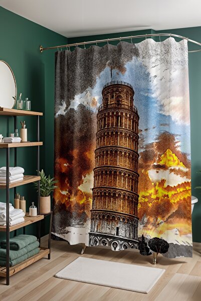 EVPANYA Perdeau de baie, Perdeau de duș cu model Pisa în aurie, Perdeau pentr...