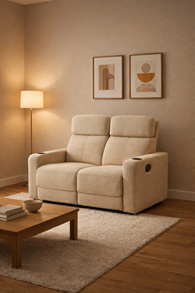 MARIA HOMES كنبة استرخاء مزدوج فاخرة بلون بيج مع حاملات أكواب وخاصية الإمالة ...