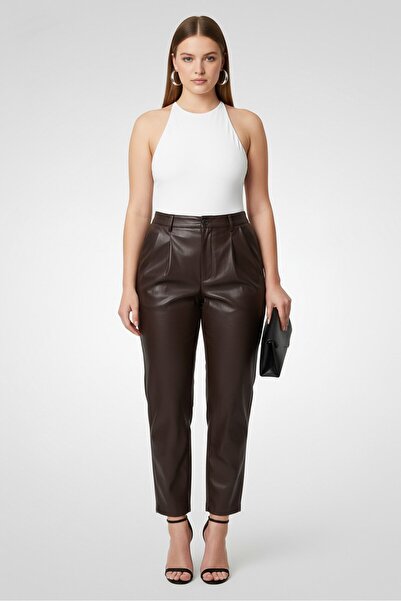 The Giving Movement Women Regular Fit Solid Leather Straight Pants, Dark Brown