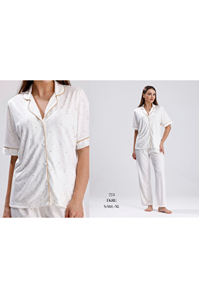 Espuar 772 Kadın Önden Düğmeli Kalp Desenli Pijama Takımı