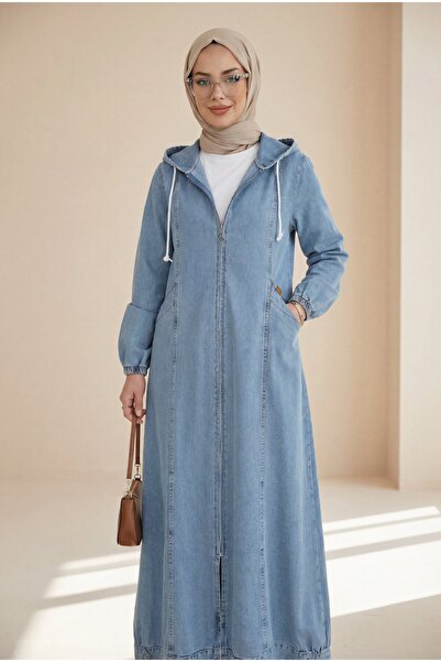 Modamorfo Дълга яке с качулка, цип, еластични маншети и джобове - светло синьо