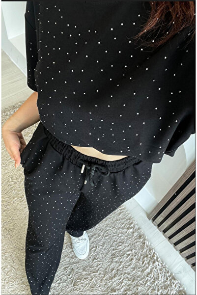 Perry Boutique Women's Black Stone Detailed Top and Bottom Two-Piece Set