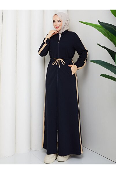 moda4b فستان رياضي نسائي من القطن بخيطين مع سحاب كامل وأربطة n-05489 _ أزرق داكن