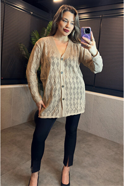 MİR STORE Camel Düğme Detaylı Delikli Mevsimlik İnce Triko Hırka