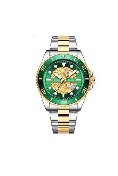 Curren 8412 Two Tone Chain Blue Skeleton Dial Luxury Watch - Silver/Gold/GREEN