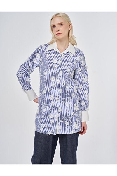 Kayra Embroidered Cotton Tunic Navy Blue