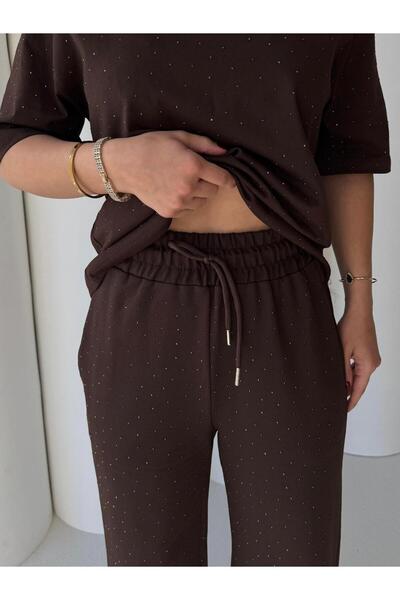 Perry Boutique Women's Brown Stone Detailed Top and Bottom Two-Piece Set