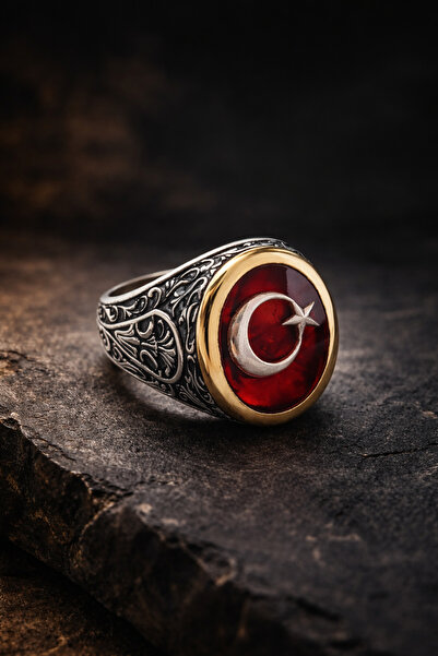 İyyaKee Erkek Gümüş Yüzük Ay Yıldız Türk Bayrağı İşlemeli Oval Motifli 925 Ay...