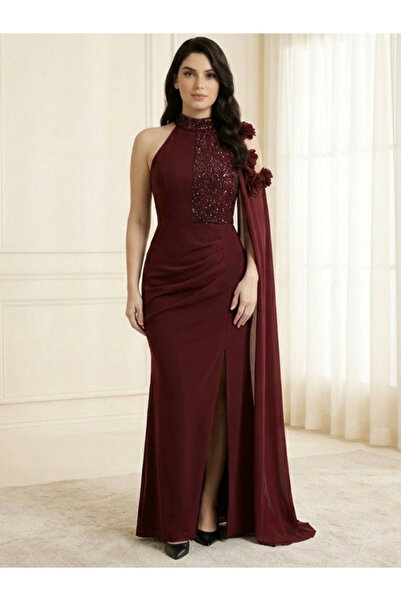 TREN Exclusive Crepe Evening Dress Featuring Elegant Chiffon Veil And Stunnin...