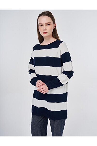 Kayra Stripe Pattern Knitwear Tunic Dark Navy Blue