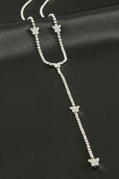 ZERO LAND Storozal Butterfly Stripe Stone Steel Y Necklace - (63533) Silver C...