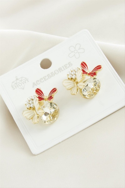 ZERO LAND أقراط معدنية من STOROZAL على شكل فراشة مرصعة باللؤلؤ (62645) - أحمر