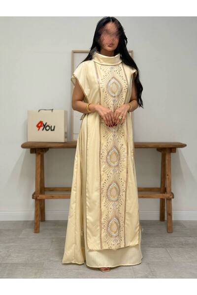 Generic A luxurious dress with elegant vertical embroidery and a modest cut.