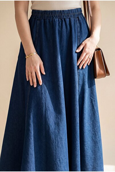 Modamorfo Denim Skirt with Side Pockets and Elastic Waist - Navy