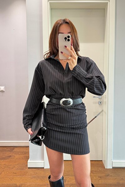 Perry Boutique Women's Black Padded Striped Shirt Dress