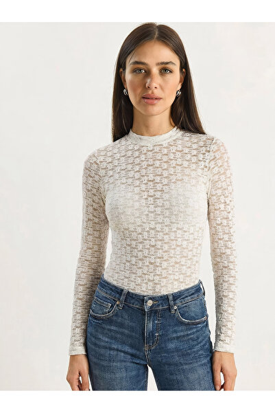 Bianco Lucci Women's Long Sleeve Half Turtleneck Transparent Tulle Lace Bodys...