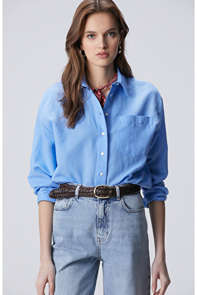 Network Mavi Cep Detaylı Basic Keten Karışımlı Gömlek