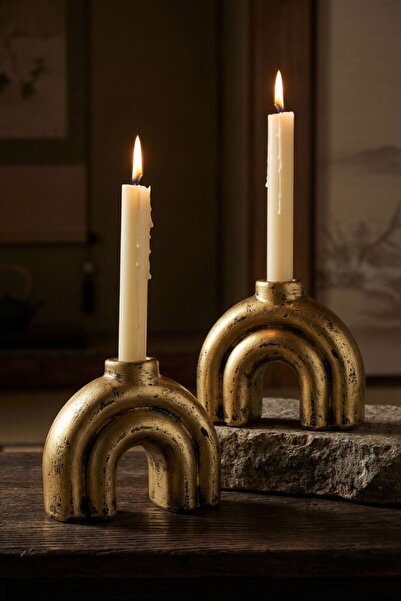 Evene Mumluk Şamdan Ince Mum Uyumlu Altın Eskitme Renk Model 43