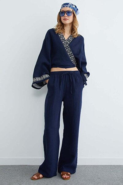 Fulla Moda Beli Lastikli Cepli Müslin Kumaş Pantolon