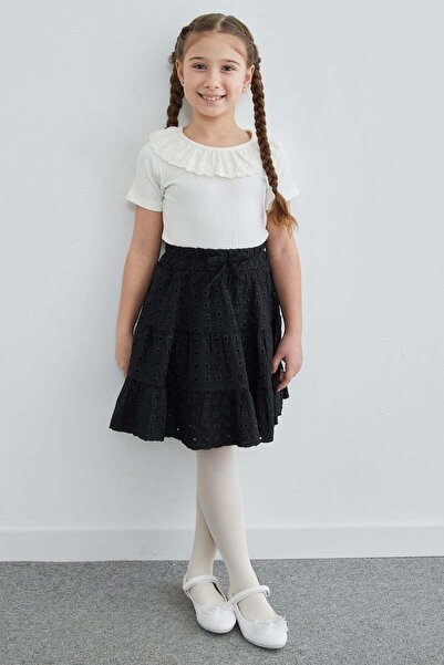 Fulla Moda Elastic Waist Brode Detailed Girls' Skirt