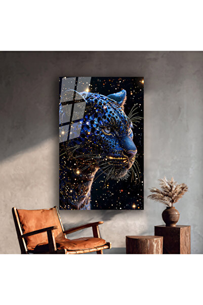 home dekors Kozmik Leopar Cam Tablo - Modern Lüks Tasarım Duvar Dekoru - Mavi...