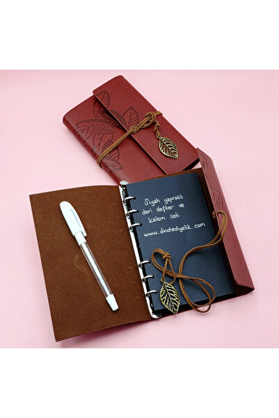 shopwave Brown Black Leaf Leather Notebook and White Gel Pen Set