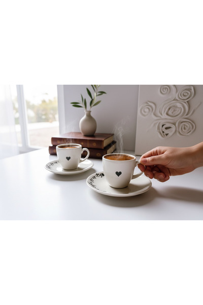 Rolin Design 2’li Kahve Fincanı Gri Kalp - Krem