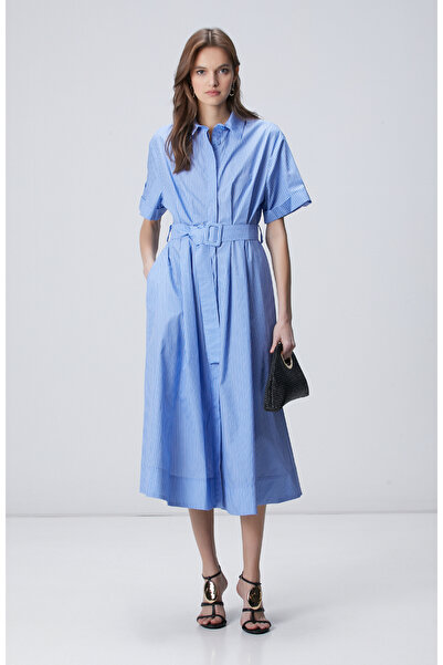 Network Mavi Beyaz Çizgili Desenli Midi Elbise