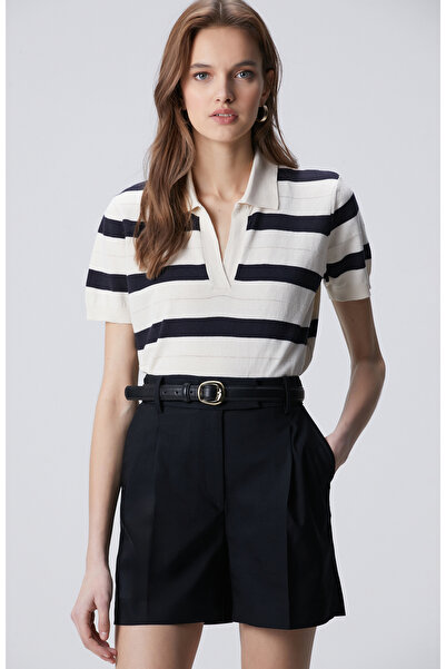 Network Siyah Beyaz Ajurlu Kısa Kol Çizgi Desenli Kazak