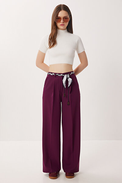 Lovelyİstanbul بنطلون بالازو منسوج بحزام وشال LBY0051 MÜRDÜM