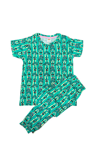 zahider Girls' 95% Cotton Lycra Cute Cat Pattern Summer Short Sleeve Pajama Set