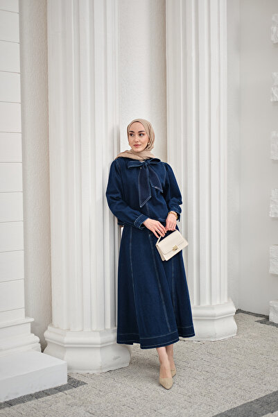 LOCCO Women's Collar Tie Balloon Sleeve Skirt Suit Navy Blue