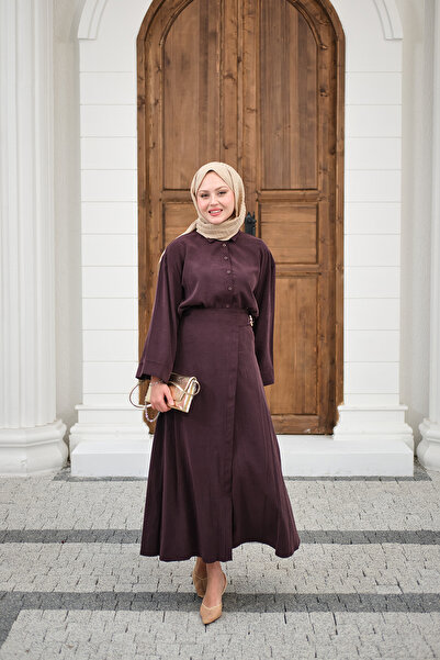 LOCCO Kadın Gold Kemer Detay Gömlekli Takım Mürdüm