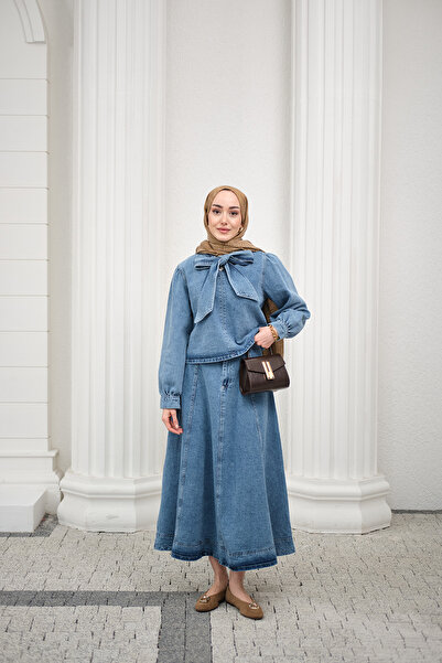 LOCCO Women's Collared Balloon Sleeve Skirt Suit Light Blue