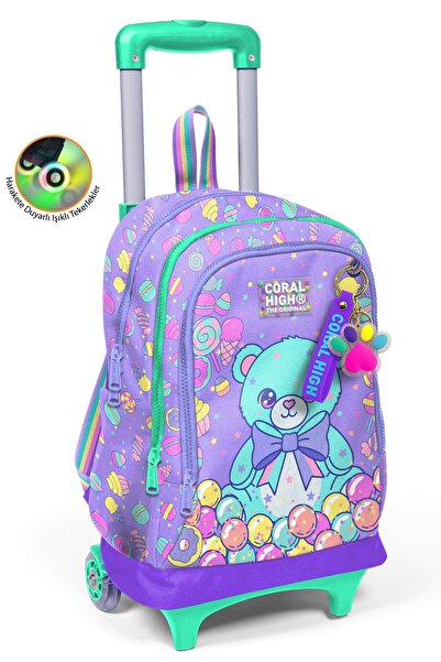 Coral High Kids Candy Teddy Bear Patterned Three-Compartment Wheeled School B...
