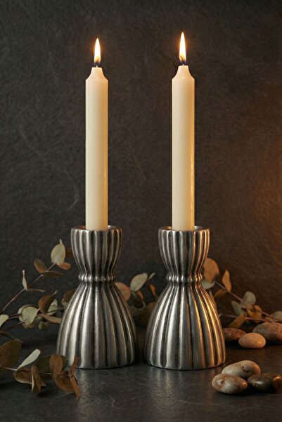 Evene Mumluk Şamdan Ince Mum Uyumlu Gümüş Eskitme Renk Model 47