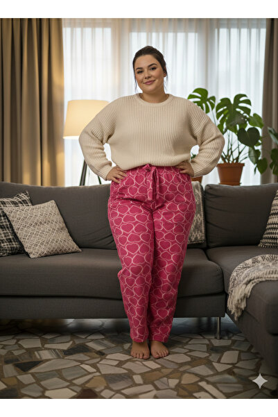 Stor Pembe Polar Pijama Altı, Kalp Desenli Pijama, Kadın Pijama Alt 3xl