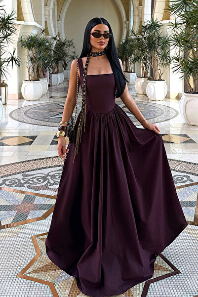 Eyyo Vişne Çürüğü Boundless Piliseli Kare Yaka Uzun Abiye Elbise ATE-4195