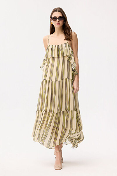 adL Volanlı Çizgili Kolsuz Elbise