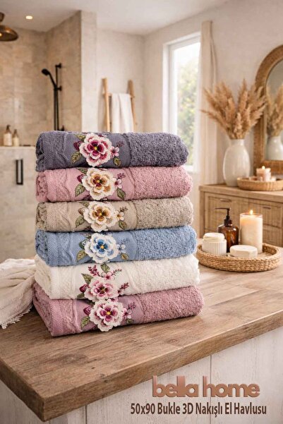 Bella Home Bukle 3D Embroidered Hand Towel |   Set of 6 |   50X90 cm |   100%...