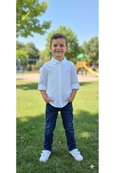 Huzeyfe Kids Erkek Çocuk Beyaz Gömlek Pamuklu Slim Fit